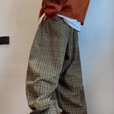 Shopmocho Retro American Canvas Straight Leg Pants Fine Plaid Design Sensation Small Audience Wide Leg Casual Trousers for Women