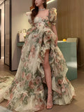 Shopmocho Floral Print Evening Party Dress Women 2025 Puff Sleeve Elegant Princess Long Dres Ladies France Vintage Open Fork Dress Summer
