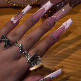 Shopmocho 24pcs Rhinestones Full Cover Nail Art Datachable Glitter French Press on Nails Tip Flower Long Square Fake Nail Pink False Nails
