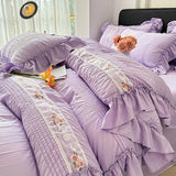 Shopmocho Korean Princess Style Lace Ruffles Wedding Bedding Set Seersucker Washed Cotton Soft Duvet Cover Set Bed Sheet Pillowcase 3/4Pcs