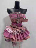 SHOPMOCHO 2000s Aesthetic Punk Style Women New 2 Piece Set Sexy Strapless Tops + High Waist Skirt Female Retro Chic Korean Popular Clothes