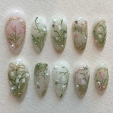 Shopmocho 24pcs Sweet False Nail Patches Detachable Fake Nail Tips With Bowknots Love Heart Pearl Design Pink Almond Korean Press On Nail