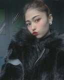 SHOPMOCHO 2026 Winter Women Cotton Jacket Lapel Long Sleeve Patch Cross Short Fur Coat Black