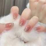 Shopmocho 24Pcs Glitter Diamond Press On Nails Sweet Cute Girl Acrylic Nails Full Cover Short Square Fake Nails Wearable Manicure Nail Tip