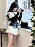 SHOPMOCHO Autumn Winter French Style One-Shoulder Butterfly Knot Waist Seal Splice Slit Slimming Half Skirt Set Sweet Lolita Top Bottom En