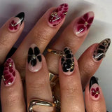 Shopmocho Pink Yellow Halo Dyeing Flower Water Ripple Summer False Nails Leopard Long Pointed Fake Nails Art Press on Nails Charm Manicure