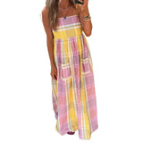 Shopmocho Combhasaki Women Summer Striped Adjustable Thin Spaghetti Straps Ric-Rac Trim Flowy Beachwear A-line Slip Cami Pocket Long Dress