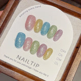 SHOPMOCHO 10Pcs Handmade Nude Color Press On Nails Sparkling Cat-Eye Cherry Star Marine Elements Sequins Cute Girlish Nail Suitable Summer