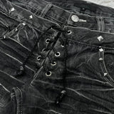 SHOPMOCHO New retro double waisted lace up micro flared women pants streetwear Y2K washed high-quality design sense men and women jeans