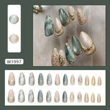 SHOPMOCHO 24pcs False Nails Glossy Green Summer Almond Fake Nail Tips Wearable Detachable Fashion Flower Print Press on Nails for Girl