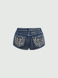SHOPMOCHO Low Rise Distressed Denim Shorts Female Jeans Womens Jeans Shorts Vintage Y2K Punk Style Embroidered Hot Pants