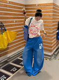 SHOPMOCHO Y2K Harajuku Blue Casual Hip-Hop Retro Sweatpants Street Pants Rock Roll Women's Trendy Oversized Washed Loose Wide-Leg Pants
