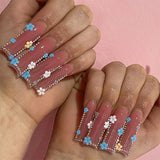 Shopmocho 24pcs Rhinestones Full Cover Nail Art Datachable Glitter French Press on Nails Tip Flower Long Square Fake Nail Pink False Nails