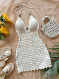 Shopmocho Soleia Summer Sexy V-Neck Hollow-Out Wooden Beads Fitted Dress, Vacation Spaghetti Strap Backless Ombre Knitted Dress, Suitable