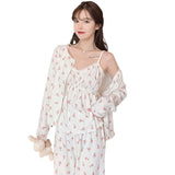 SHOPMOCHO Three Piece Cotton Pajamas Women Long Sleeve Trousers Sexy Floral Student Loungewear Large Size Romantic Women Nightwear Sexy