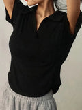 Shopmocho Summer Short Sleeve Lapel Top Women'S Solid V-Neck Pullovers Retro Sweet Shirts Hot Girl Crop Top Female Slim Versatile Tee
