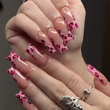 Shopmocho 24Pcs Long Coffin Leopard Print False Nails with Glue Sweet Cool Diamond Fake Nail Set Floral French Press on Wearable Nail Tips
