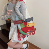 Shopmocho Cute Little Fish Relaxed Knitted Bag 2025 Summer New Commuter Versatile Shoulder Bag Contrasting Cut Out Tote Bag