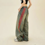 SHOPMOCHO-American Style Vintage Striped Patchwork Jeans Women's High Street Trendy Brand Loose Fit Straight Leg Casual Workwear Wide Leg