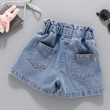SHOPMOCHO Summer Girls Denim Shorts Korean Fashion New Children's Pleated Jeans 4-12Years Teens Girls Short Jeans Pearl Decoration