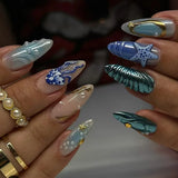 Shopmocho 24pcs Short Almond False Nail Art Starlight Rhinestone Design Nails Tip Green Full Cover Nail Set Datachable Press on Fake Nails