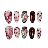 Shopmocho 10Pcs Red Handmade Nails 3D Carved White Flower Fake Nails Mid-Length Almond Shape Press on Nails Spotting Design Manicure Arts