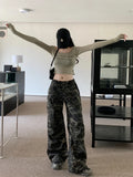 Shopmocho Autumn Winter New Low Rise Jeans Y2k Ladies American High Street Baggy Pants Woman Camouflage Drawstring Mop Jeans for Women