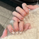 Shopmocho 24Pcs Almond Pure Handmade Press On Nails Full Cover Butterfly French Pearl Diamond False Nails Wearable Manicure Nail Tips Art