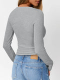 SHOPMOCHO Fashionable Women's Long Sleeve Slim Fit Autumn 2025 Henry Collar T-Shirt Ribbed Basic Style Top for Ladies
