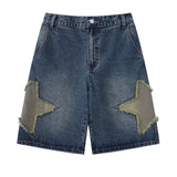 Shopmocho Fashion Star Patch Denim Shorts BF Style Loose Versatile Wide Leg Half Pants Women's Summer High Waisted Straight Leg Pants