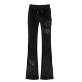 Shopmocho Women Velvet Pants Goth Dark Y2K Star Hot Diamond Slim Flared Pants Retro Streetwear Low Waist Bellbottom Pants