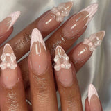 Shopmocho 24pcs Sweet False Nail Patches Detachable Fake Nail Tips With Bowknots Love Heart Pearl Design Pink Almond Korean Press On Nail