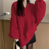 Shopmocho Autumn Winter Women Sweater Harajuku Oversized Knitted Pullovers Korean Long Sleeve V Neck Knitwear Preppy Solid Loose Jumper
