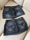 SHOPMOCHO Women American Retro Mini Skirt Summer Slim Fit Sexy Wrap Butocks Denim A Line Skirt Y2k Embroidered Harajuku Short Skirt