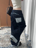 SHOPMOCHO HOUZHOU Y2k Embroidery Baggy Jeans Women Vintage Plaid Patchwork Denim Trousers Harajuku Korean Sweet Oversized Jeans Cutecore