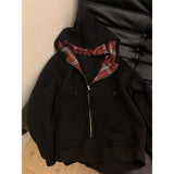 Shopmocho Grid Splicing Hooded Sweatshirt Women's Loose Versatile Zipper Cardigan Jacket Spring Autumn Long Sleeved Versatile Coat Top