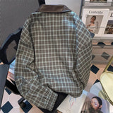 Shopmocho American Sweet Plaid Patchwork Jacket Women Long Sleeve Spring Fall Zip Loose Coat Harajuku Y2K Casual Lazy Kawaii Street Top