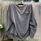 Shopmocho Loose Long Sleeve Striped T-Shirt Women's Fashionable Retro Korean Style Casual Top Thin Medium Length Lazy Style T-Shirt
