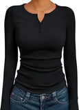 SHOPMOCHO Fashionable Women's Long Sleeve Slim Fit Autumn 2025 Henry Collar T-Shirt Ribbed Basic Style Top for Ladies