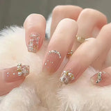 Shopmocho 24Pcs Pink Cat Blue Love Cute Short Ballet Press on False Nails Sweet French Cat Eye Bow Star Designs Style Detachable Nails Set