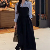 Shopmocho New Arrival Women's Fashion Two-piece Illusionshirt Black Long Sleeve Dress High-end Feel Matching Set