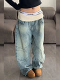 SHOPMOCHO American Retro Ribbed Waistband Loose Wide Leg Jeans Distressed Washed Straight-leg Jeans Harajuku Style Hot Girl Y2k Trousers