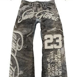 SHOPMOCHO Streetwear Vintage Washed Jeans Y2K Clothing Men Women Hip Hop Alphabet Patch Embroidered Baggy Jeans Mid Rise Wide Leg Trousers