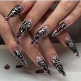 SHOPMOCHO Red Y2K Wearable Nail Art Chic Silver Butterfly Love Metal Bead Almond False Nails Detachable Finished Fake Nails Press on Nails