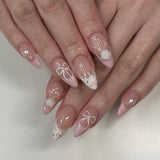 SHOPMOCHO 24pcs White Flower Fake Nail Tips Ins Yellow Pink Blush False Nails Wearable Full Cover European Almond Shaped Press on Nails