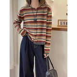 Shopmocho Round Neck Long Sleeve Color Striped Knitted Cardigan for Women in Autumn New Fashionable and Fashionable Sweater Jacket