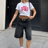 SHOPMOCHO Imcute Y2k Womens Knee Length Denim Shorts High Waist Baggy Jean Shorts Bermuda Shorts Straight Leg Carpenter Shorts