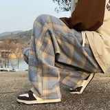 Shopmocho Vintage American Style Tweed Plaid Men's Pants Loose Straight Wide Leg Casual Trousers Trendy Brand Punk Rock Streetwear