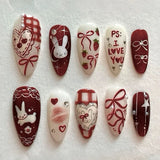 Shopmocho 24PCS Wine Red Almond Press on Nails Cartoon Rabbit Bowknot with Plaid Pearl Designs French Fake Nails for Girls Detachable Nail