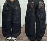 SHOPMOCHO Street Fashion Trend Skull Embroidered Jeans Women Harajuku Y2K New Hip Hop Joker Straight Wide-leg Pants Couple Casual Jeans